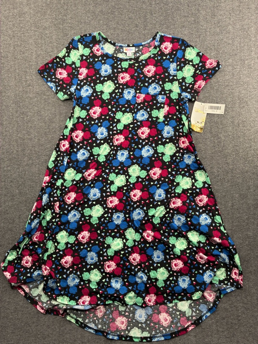LuLaRoe Disney Black Mickey Pocket Tee Dress with Pink, Blue & Mint Carley